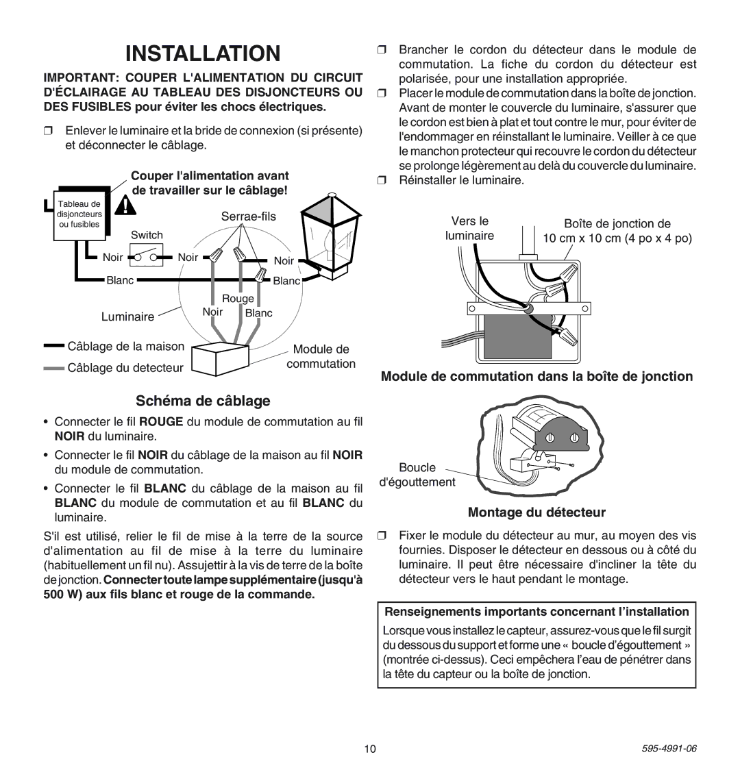 Heath Zenith SL-5210 manual SchŽma de c‰blage, Module de commutation dans la bote de jonction, Montage du dŽtecteur 