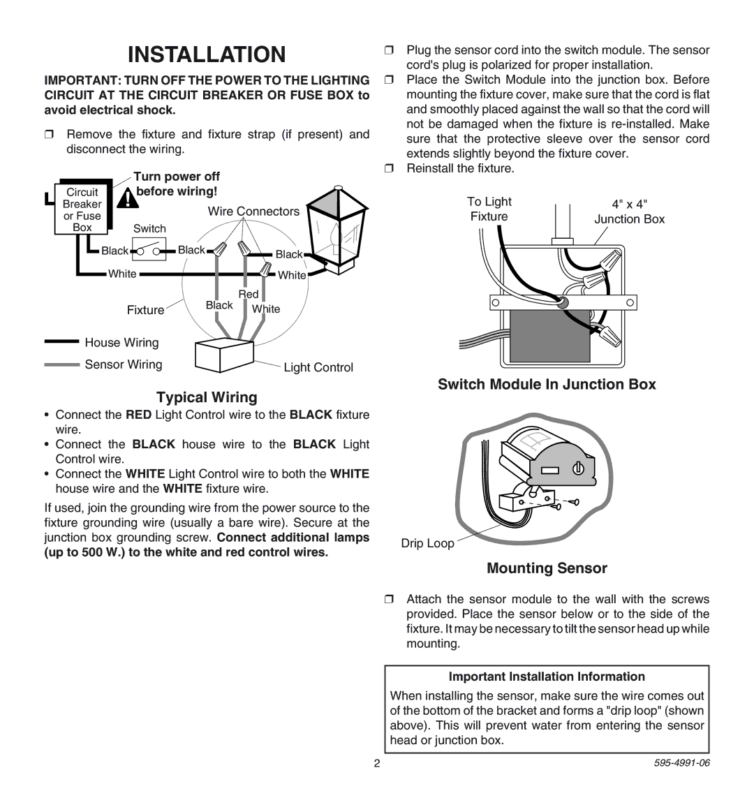 Heath Zenith SL-5210 manual Installation, Switch Module In Junction Box Typical Wiring, Mounting Sensor 