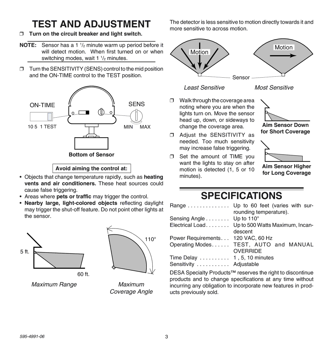 Heath Zenith SL-5210 manual Test and Adjustment, Specifications, Least Sensitive, Maximum Range, Coverage Angle 