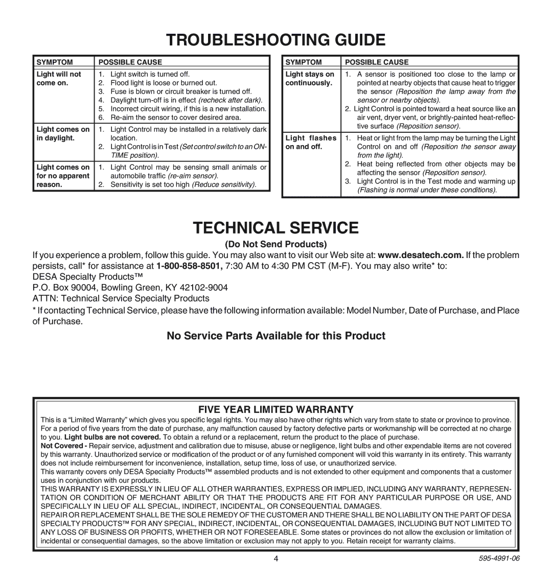 Heath Zenith SL-5210 manual Troubleshooting Guide, Technical Service, No Service Parts Available for this Product 