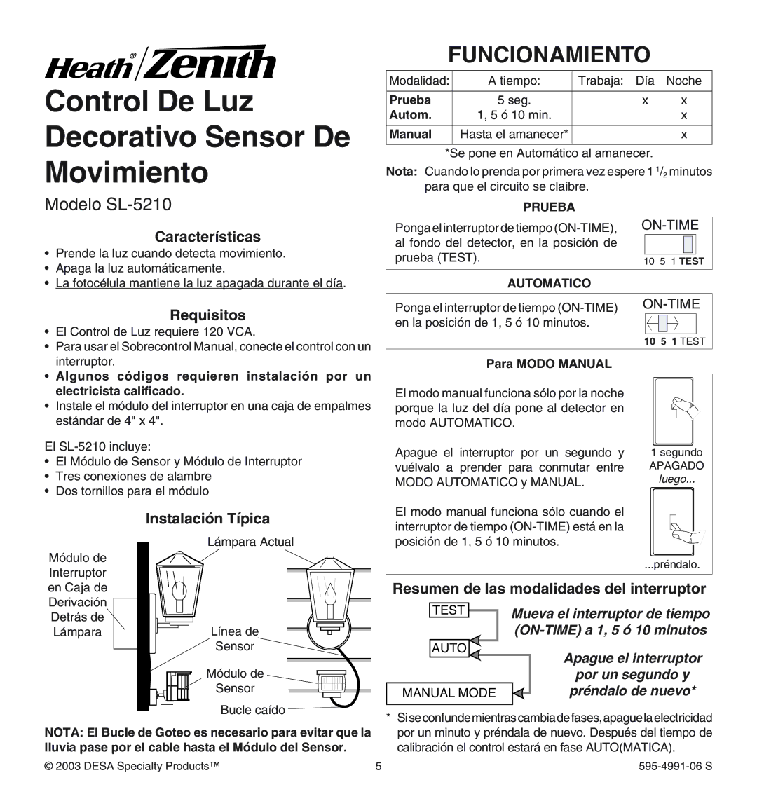 Heath Zenith manual Funcionamiento, Modelo SL-5210 