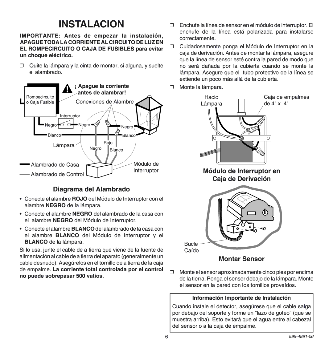 Heath Zenith SL-5210 manual Instalacion, Diagrama del Alambrado, Dulo de Interruptor en Caja de Derivaci-n, Montar Sensor 