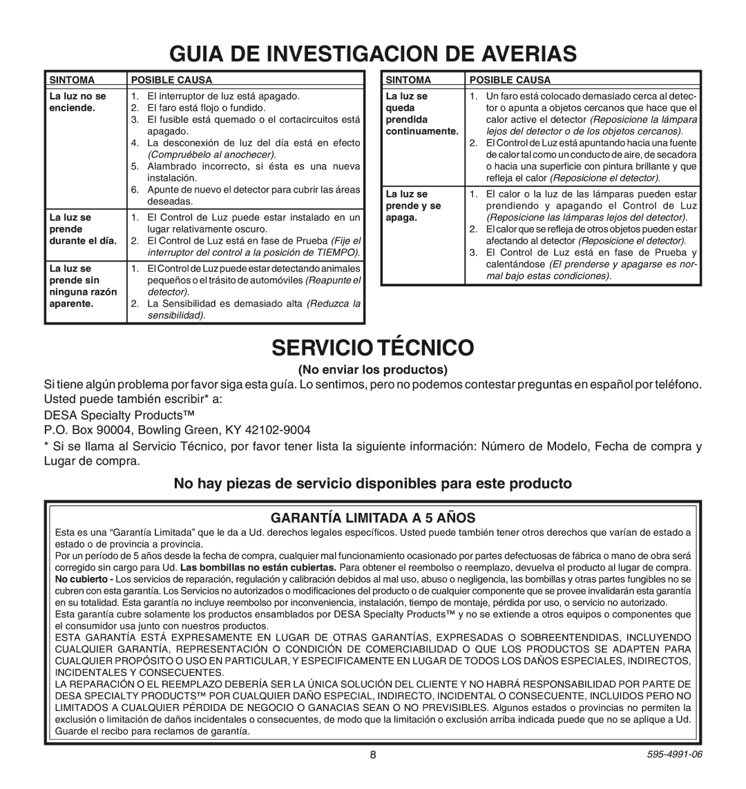 Heath Zenith SL-5210 manual Guia DE Investigacion DE Averias, Servicio TƒCNICO, GARANTêA Limitada a 5 A„OS 