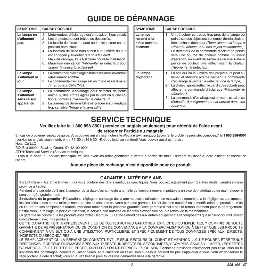 Heath Zenith SL-5210 Guide DE Dépannage, Service Technique, Aucune pièce de rechange n’est disponible pour ce produit 