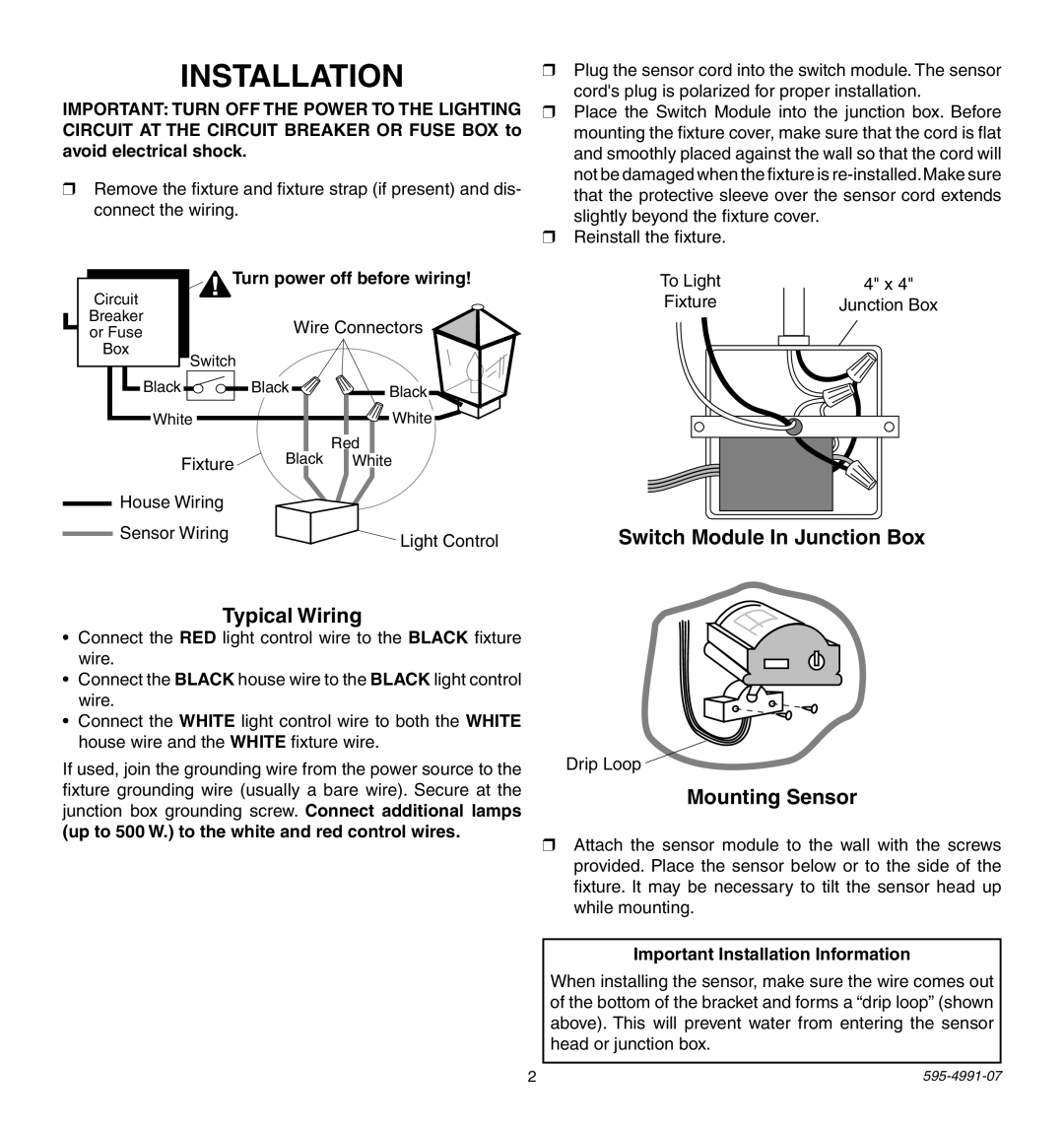 Heath Zenith SL-5210 manual Installation, Typical Wiring, Switch Module In Junction Box, Mounting Sensor 