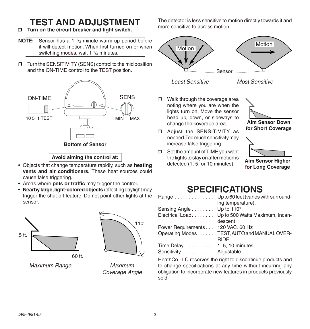 Heath Zenith SL-5210 manual Test and Adjustment, Specifications, Least Sensitive, Maximum Range 