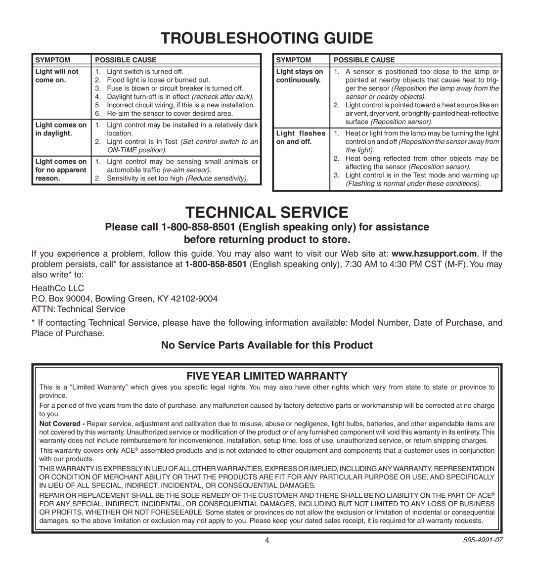 Heath Zenith SL-5210 manual Troubleshooting Guide, No Service Parts Available for this Product, Symptom Possible Cause 