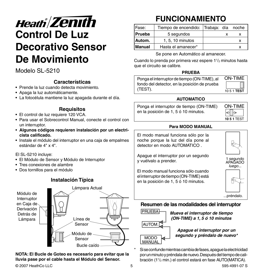 Heath Zenith SL-5210 manual Funcionamiento, Características, Requisitos, Instalación Típica 