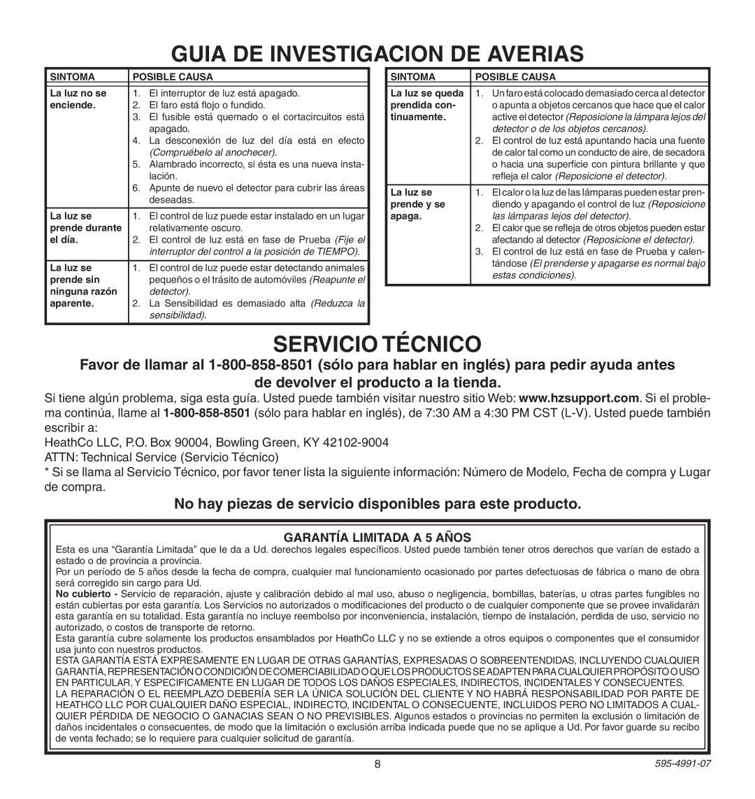 Heath Zenith SL-5210 Guia DE Investigacion DE Averias, Servicio Técnico, Garantía Limitada a 5 Años, Sintoma Posible Causa 