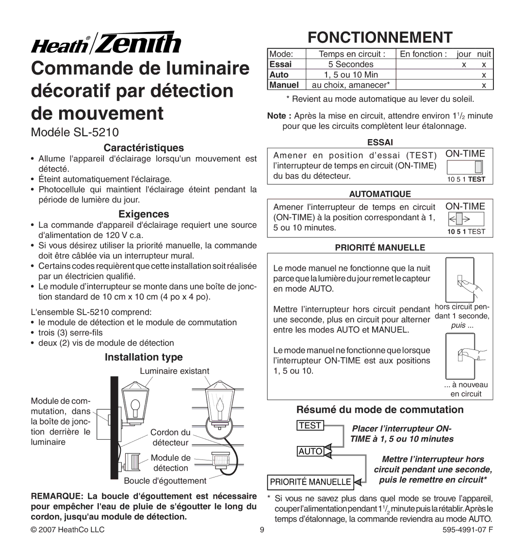 Heath Zenith SL-5210 manual Fonctionnement, Caractéristiques, Exigences, Installation type 