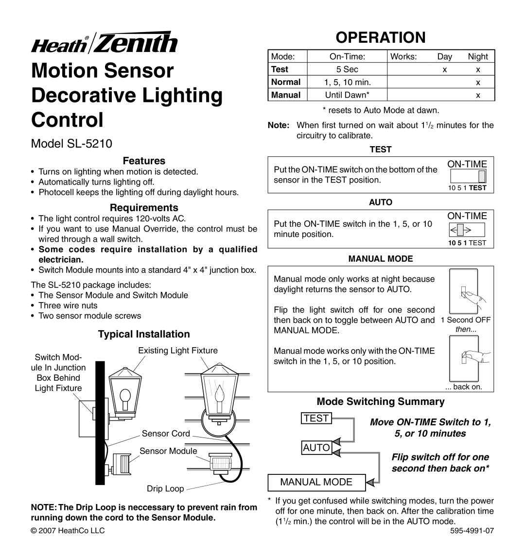Heath Zenith manual Motion Sensor Decorative Lighting Control, Operation, Model SL-5210, Features, Requirements, Test 