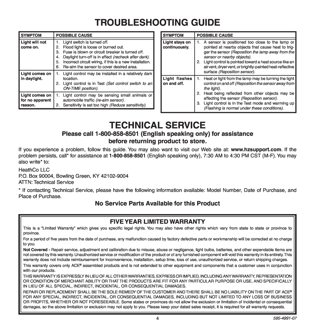 Heath Zenith SL-5210 manual Troubleshooting Guide, Technical Service, before returning product to store 