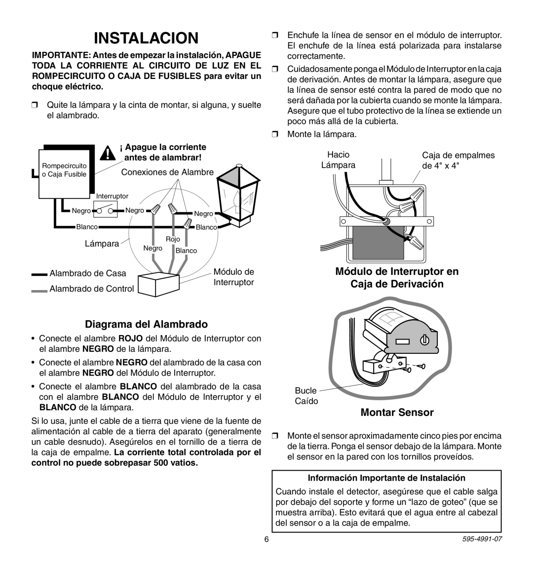 Heath Zenith SL-5210 manual Diagrama del Alambrado, Módulo de Interruptor en Caja de Derivación, Montar Sensor 