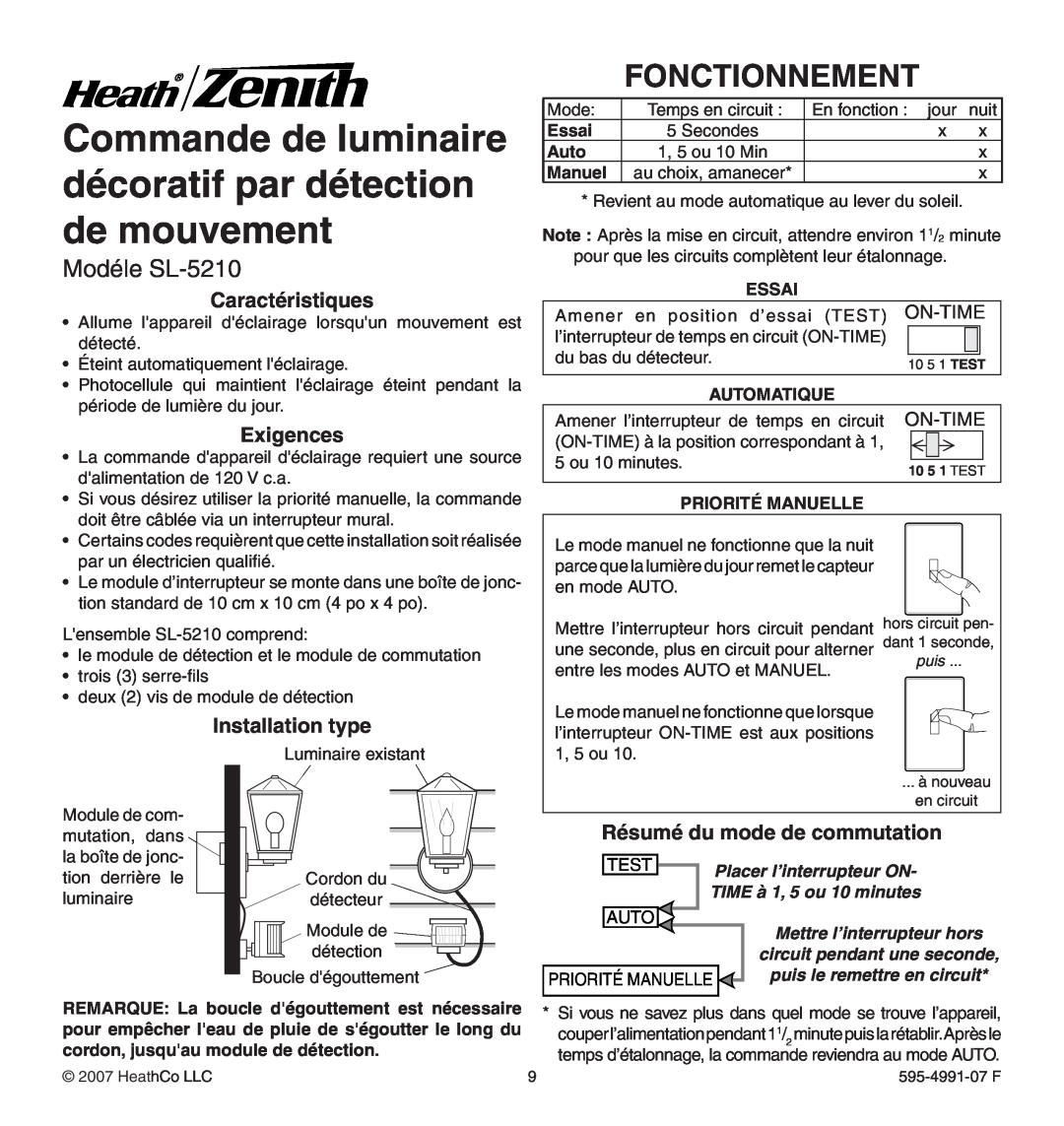 Heath Zenith Fonctionnement, Modéle SL-5210, Caractéristiques, Exigences, Installation type, Essai, Auto, Manuel, Test 