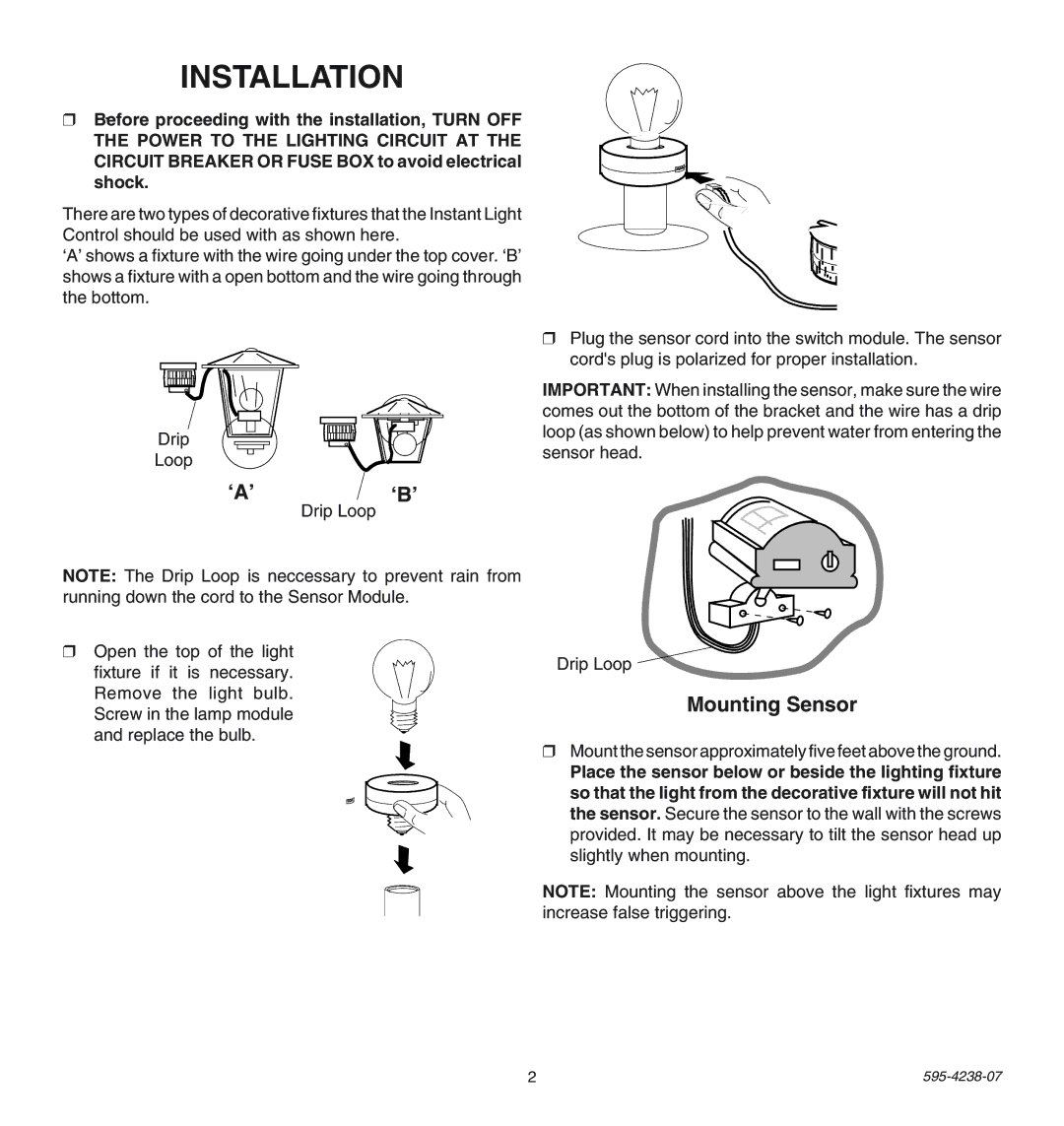 Heath Zenith SL-5211 manual Installation, ‘A’ ‘B’, Mounting Sensor, Drip Loop, 595-4238-07 