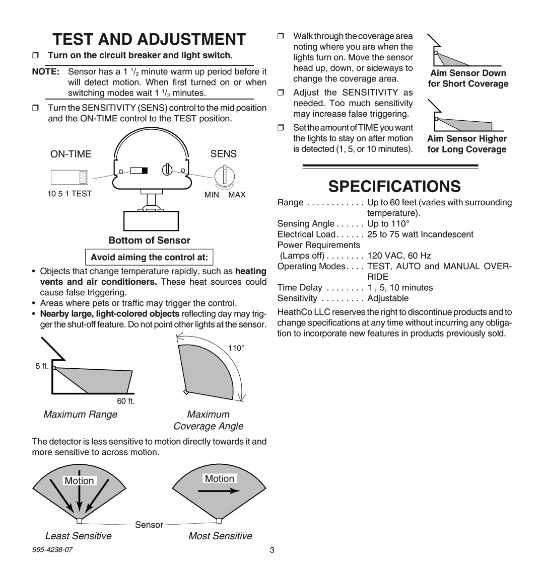 Heath Zenith SL-5211 manual Test and Adjustment, Specifications, Bottom of Sensor, Coverage Angle, Least Sensitive 