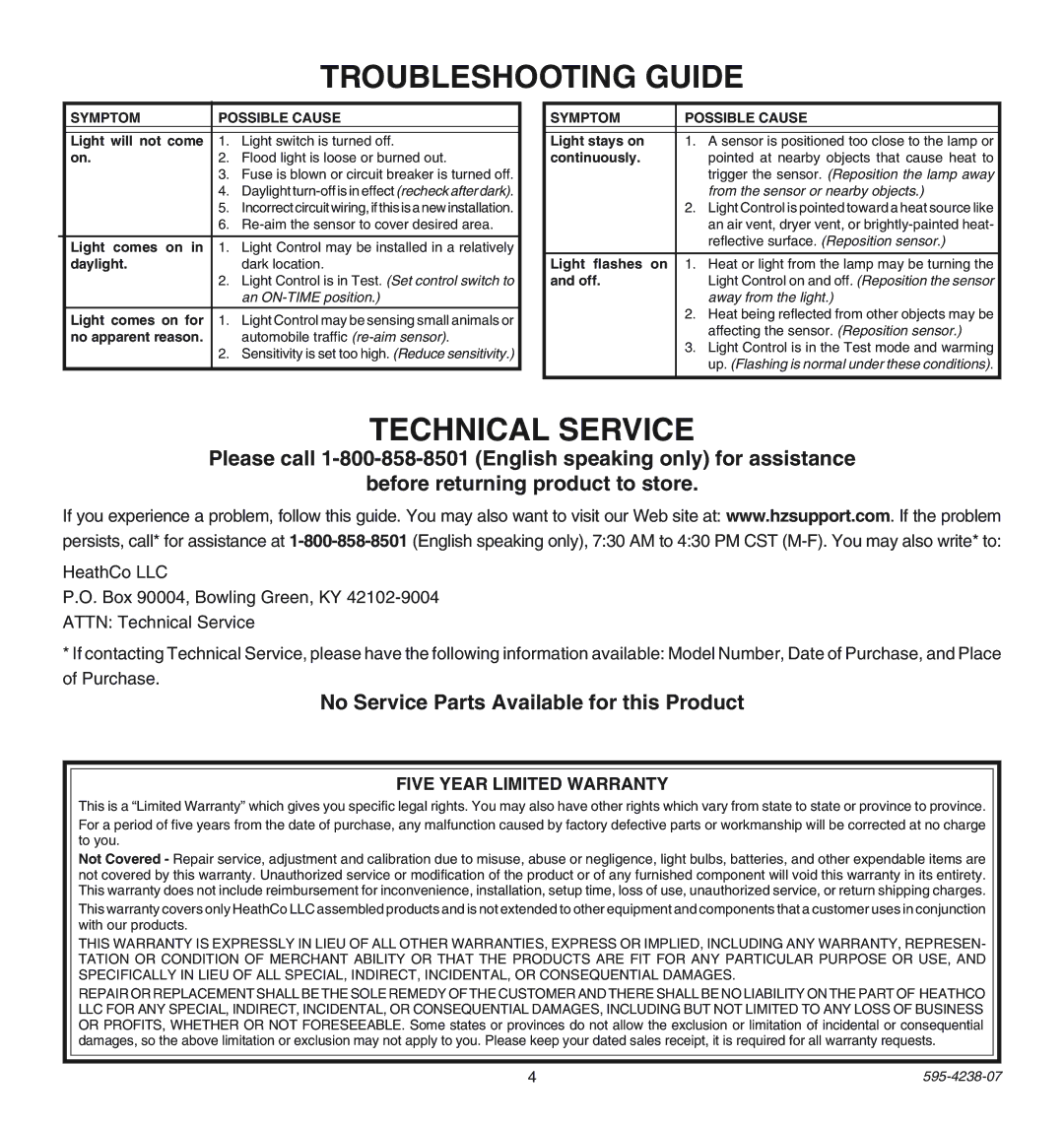 Heath Zenith SL-5211 manual Troubleshooting Guide, Technical Service, No Service Parts Available for this Product 