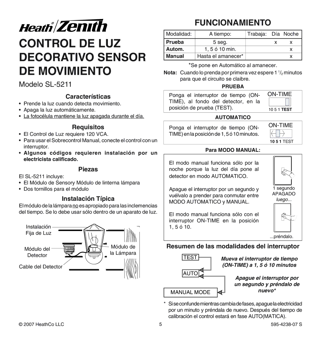 Heath Zenith SL-5211 Características, Requisitos, Piezas, Instalación Típica, Resumen de las modalidades del interruptor 