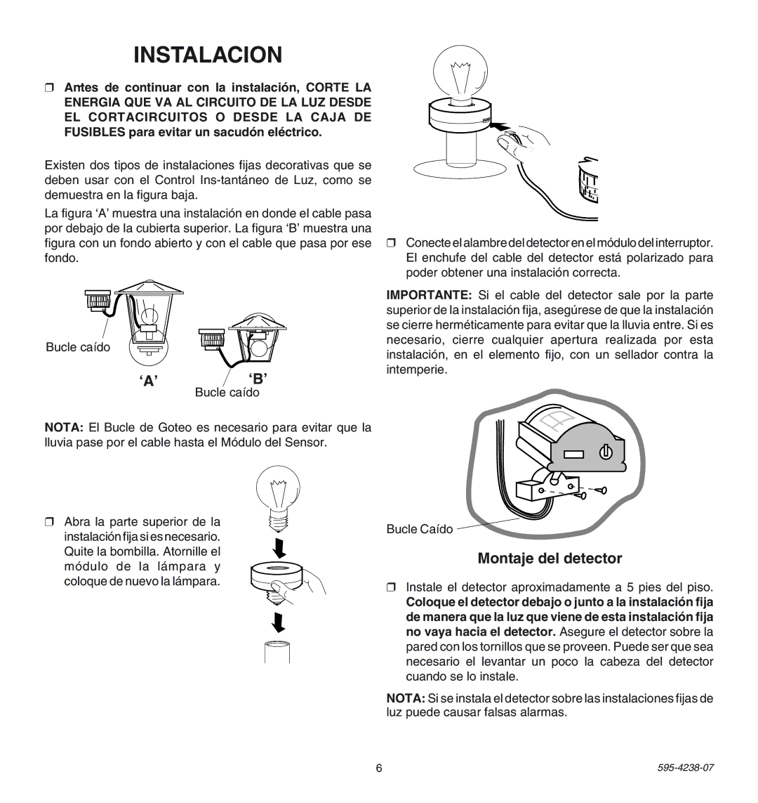 Heath Zenith SL-5211 manual Instalacion, Montaje del detector 