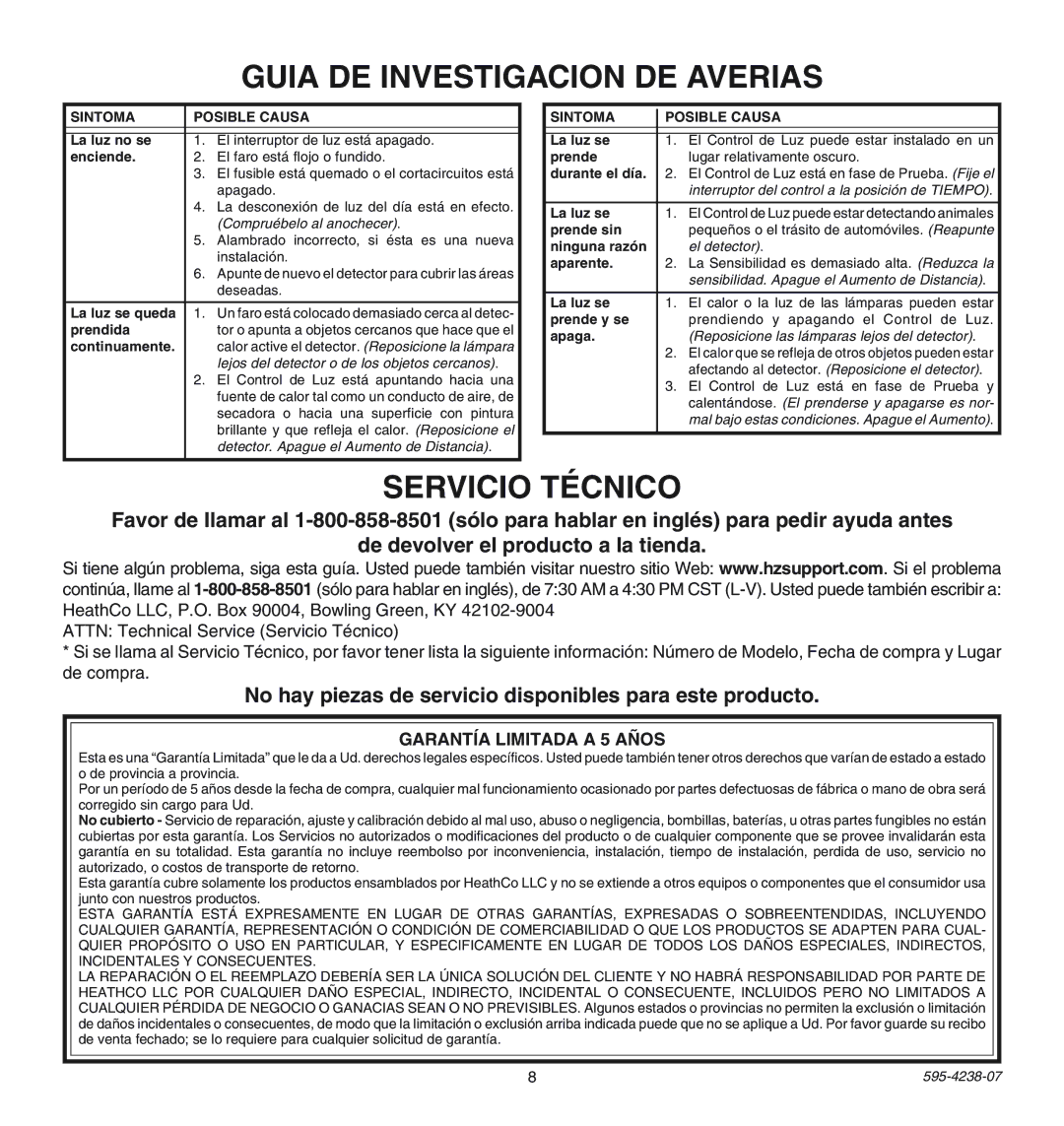 Heath Zenith SL-5211 Guia DE Investigacion DE Averias, Servicio Técnico, Garantía Limitada a 5 Años, Sintoma Posible Causa 