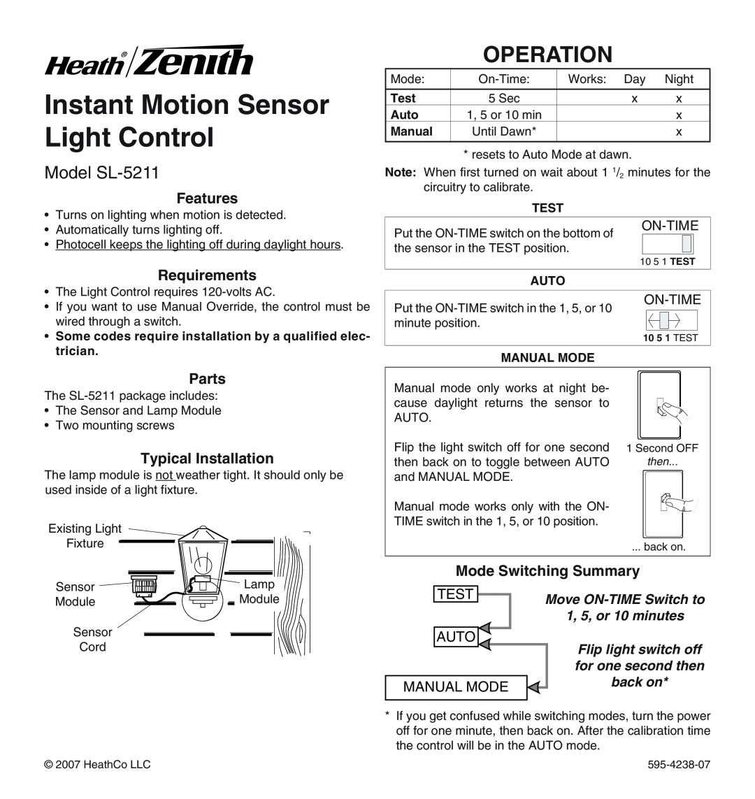 Heath Zenith manual Instant Motion Sensor Light Control, Operation, Model SL-5211, On-Time, Test, 1, 5, or 10 minutes 