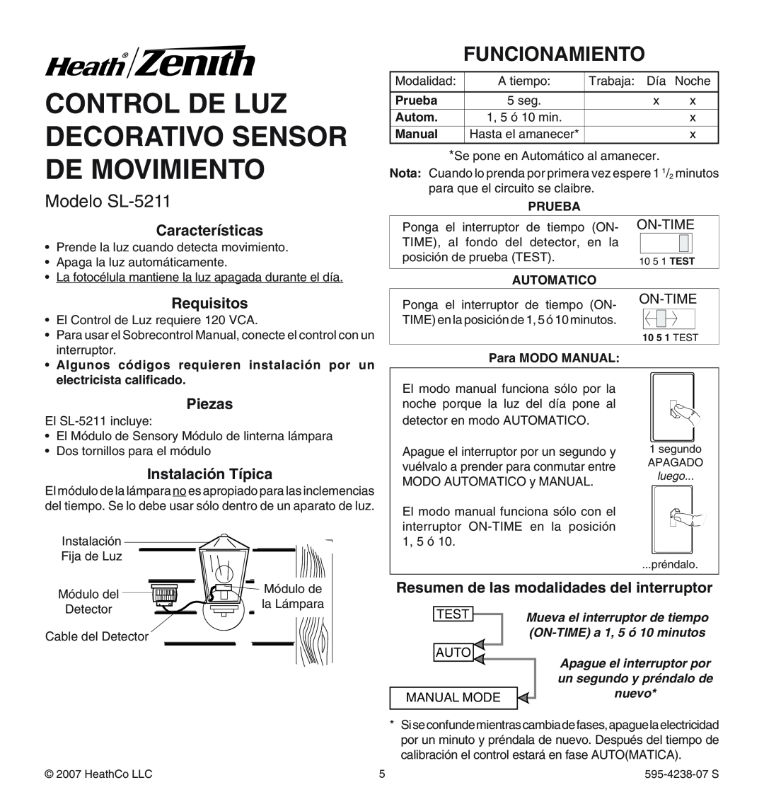 Heath Zenith Control De Luz Decorativo Sensor De Movimiento, Modelo SL-5211, Funcionamiento, On-Time, Prueba, Autom 