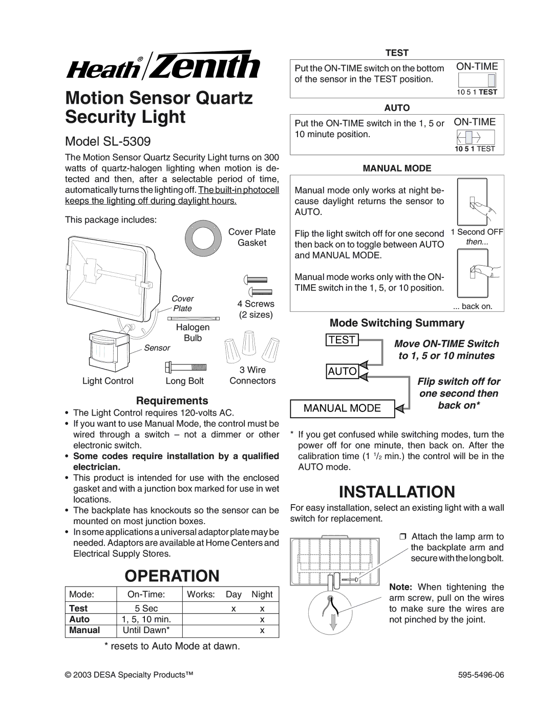 Heath Zenith manual Operation, Installation, Model SL-5309, Requirements 