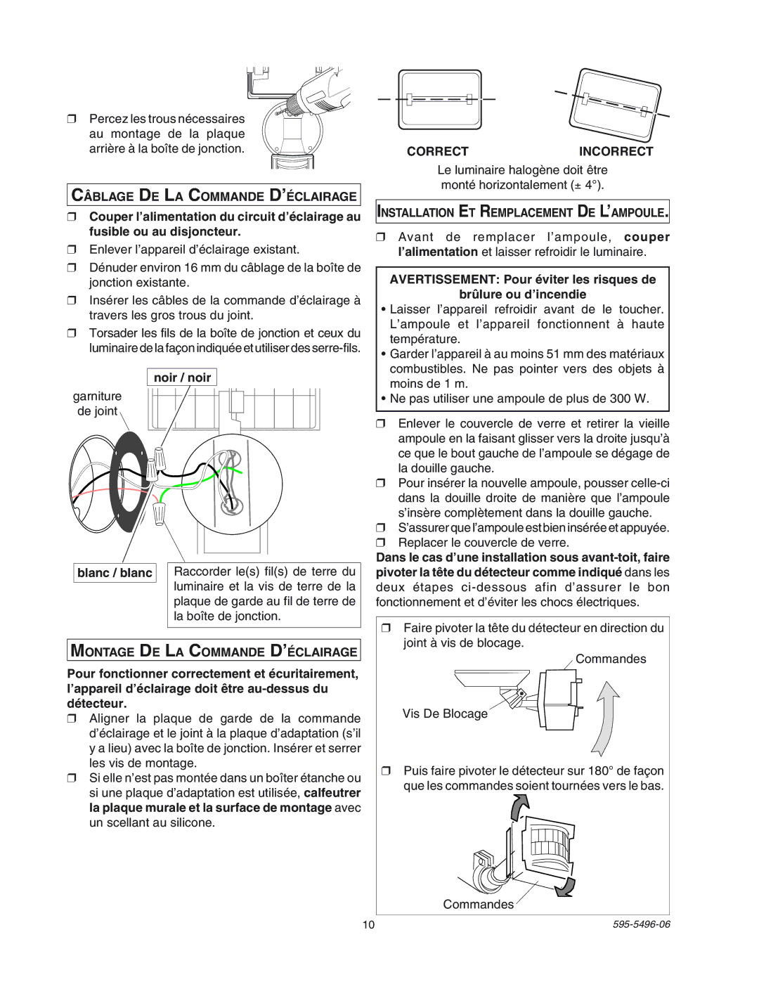 Heath Zenith SL-5309 manual Câblage DE LA Commande D’ÉCLAIRAGE, Montage DE LA Commande D’ÉCLAIRAGE, Correctincorrect 