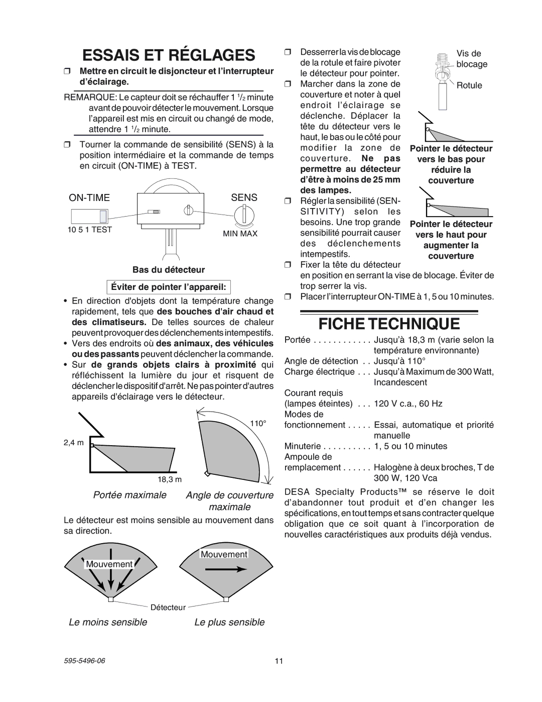 Heath Zenith SL-5309 manual Essais ET Réglages, Fiche Technique, Bas du détecteur Éviter de pointer l’appareil 