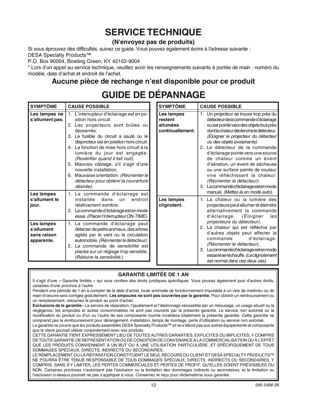 Heath Zenith SL-5309 manual Service Technique, Guide DE Dépannage, Nenvoyez pas de produits, Garantie Limitée DE 1 AN 