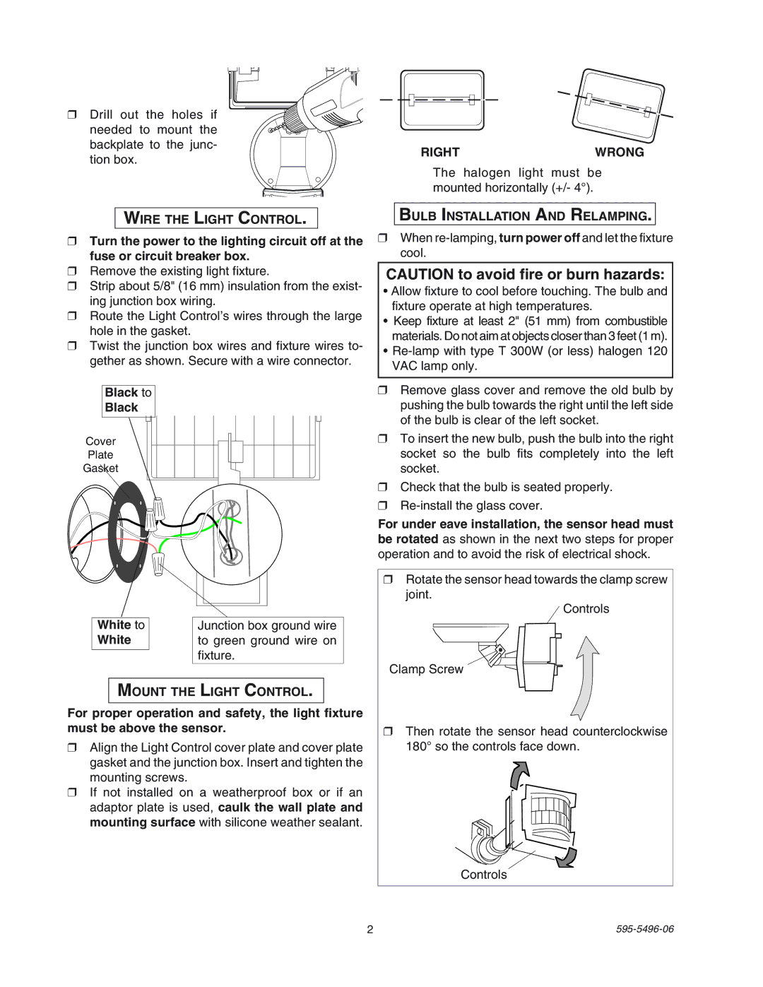 Heath Zenith SL-5309 manual Rightwrong, Wire the Light Control, Mount the Light Control, Bulb Installation and Relamping 