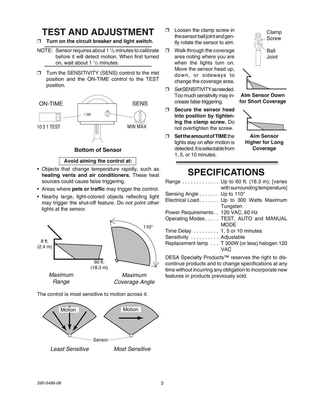 Heath Zenith SL-5309 manual Test and Adjustment, Specifications, Turn on the circuit breaker and light switch 