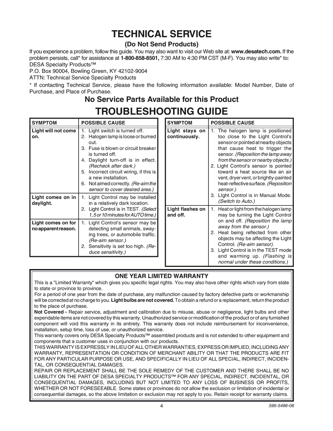 Heath Zenith SL-5309 manual Technical Service, Troubleshooting Guide, Do Not Send Products, Symptom Possible Cause 