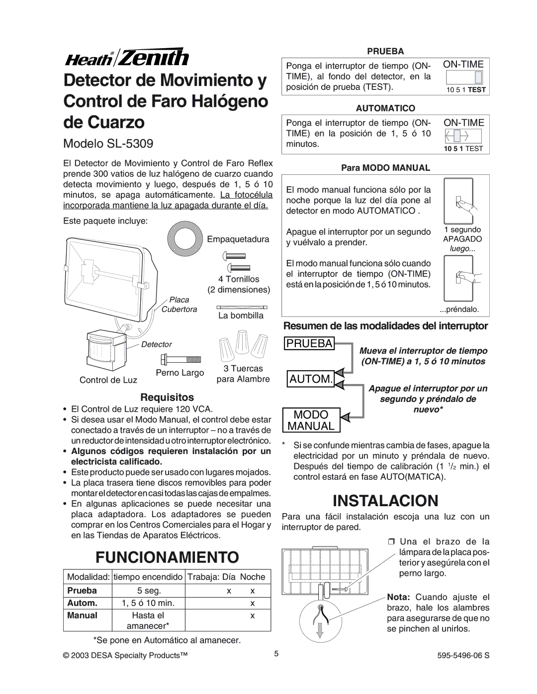 Heath Zenith manual Funcionamiento, Instalacion, Modelo SL-5309, Resumen de las modalidades del interruptor, Requisitos 