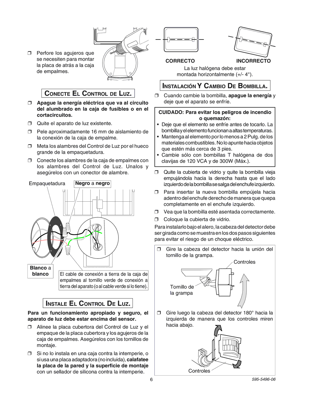 Heath Zenith SL-5309 manual Conecte EL Control DE LUZ, Instale EL Control DE LUZ, Correctoincorrecto 