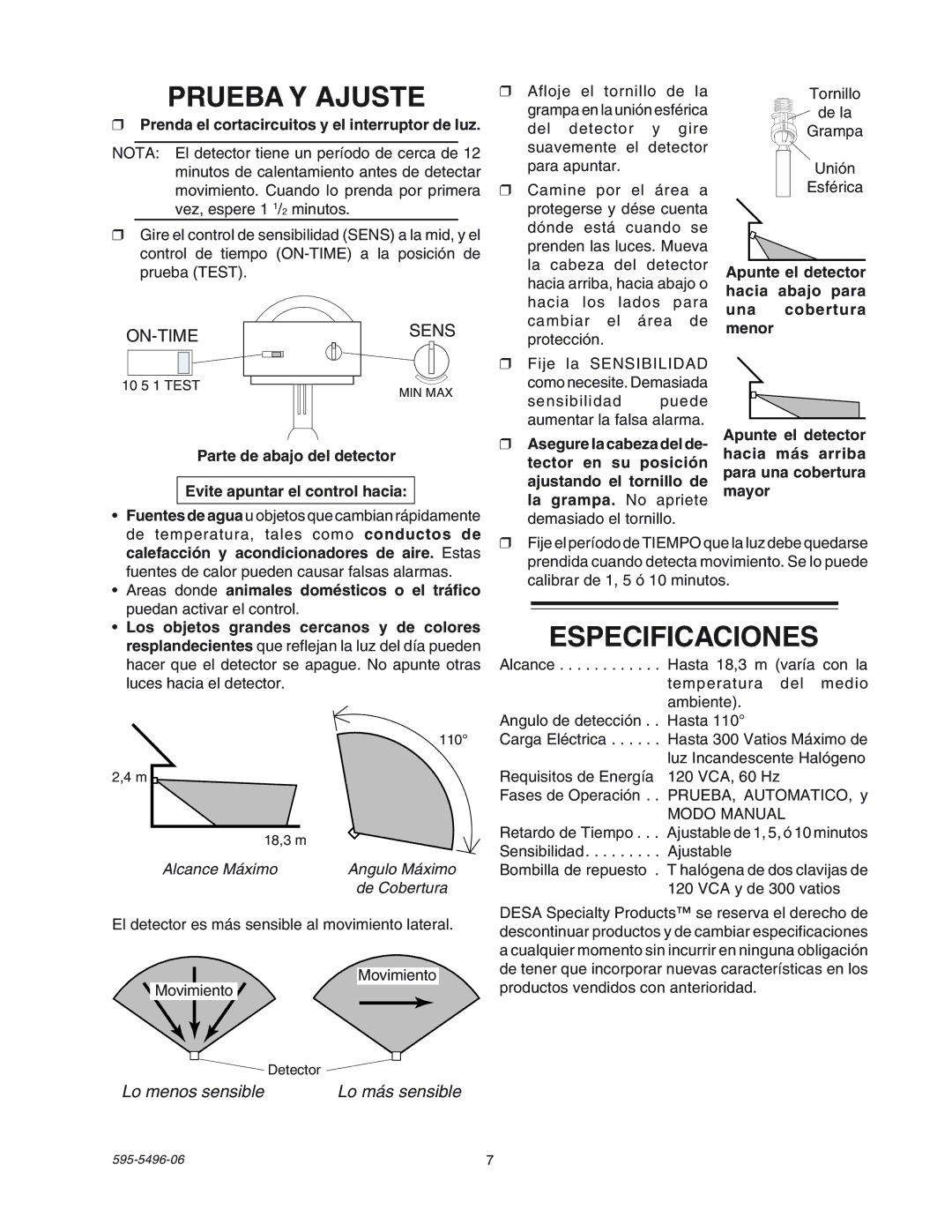 Heath Zenith SL-5309 manual Prueba Y Ajuste, Especificaciones 