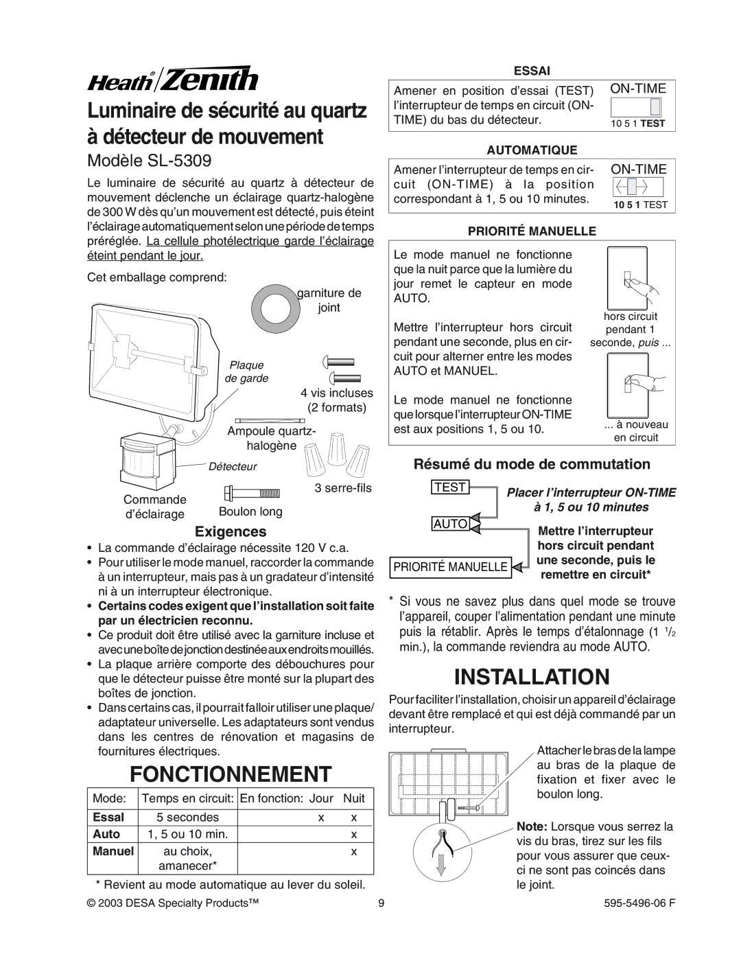 Heath Zenith manual Fonctionnement, Modèle SL-5309, Exigences, Résumé du mode de commutation 