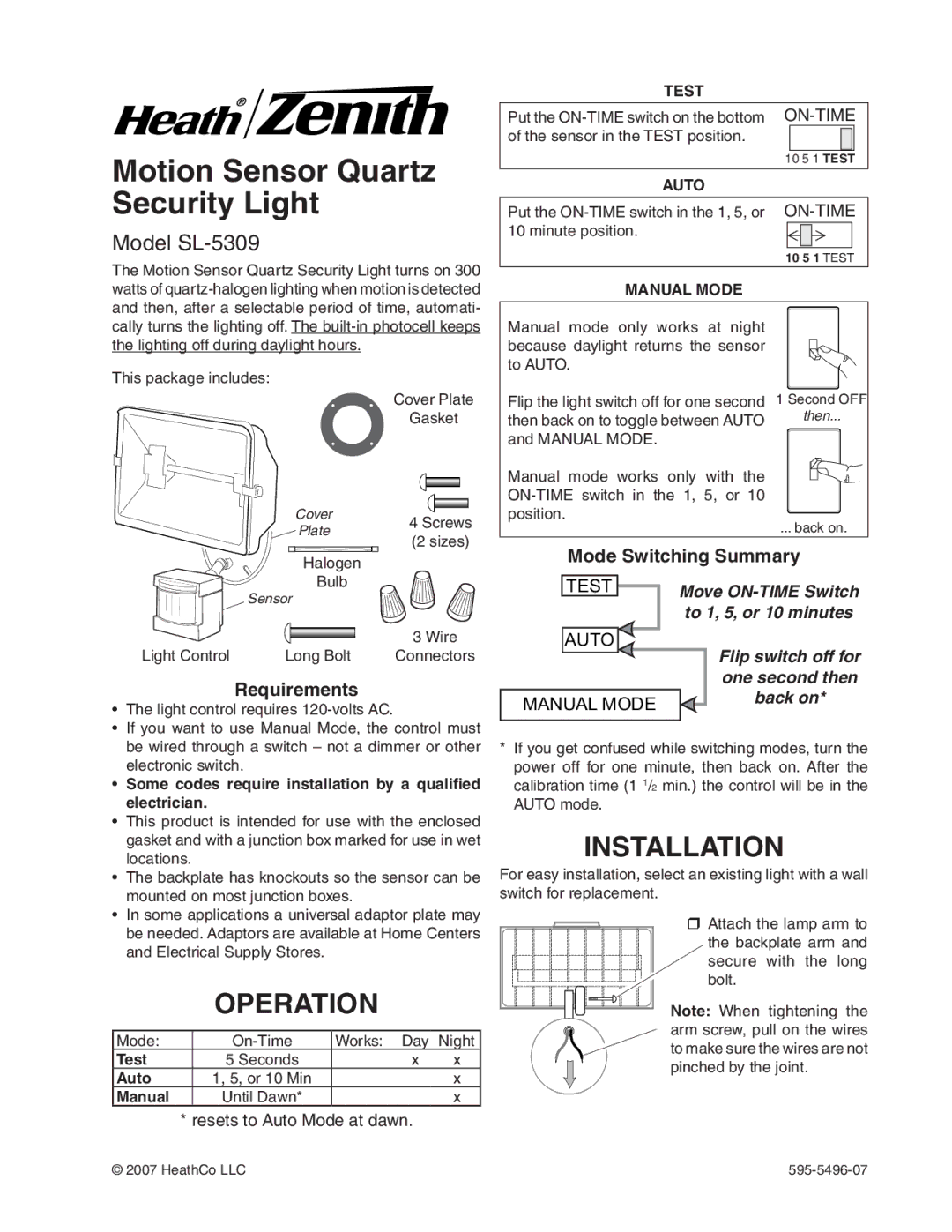 Heath Zenith manual Operation, Installation, Model SL-5309, Requirements, Mode Switching Summary 