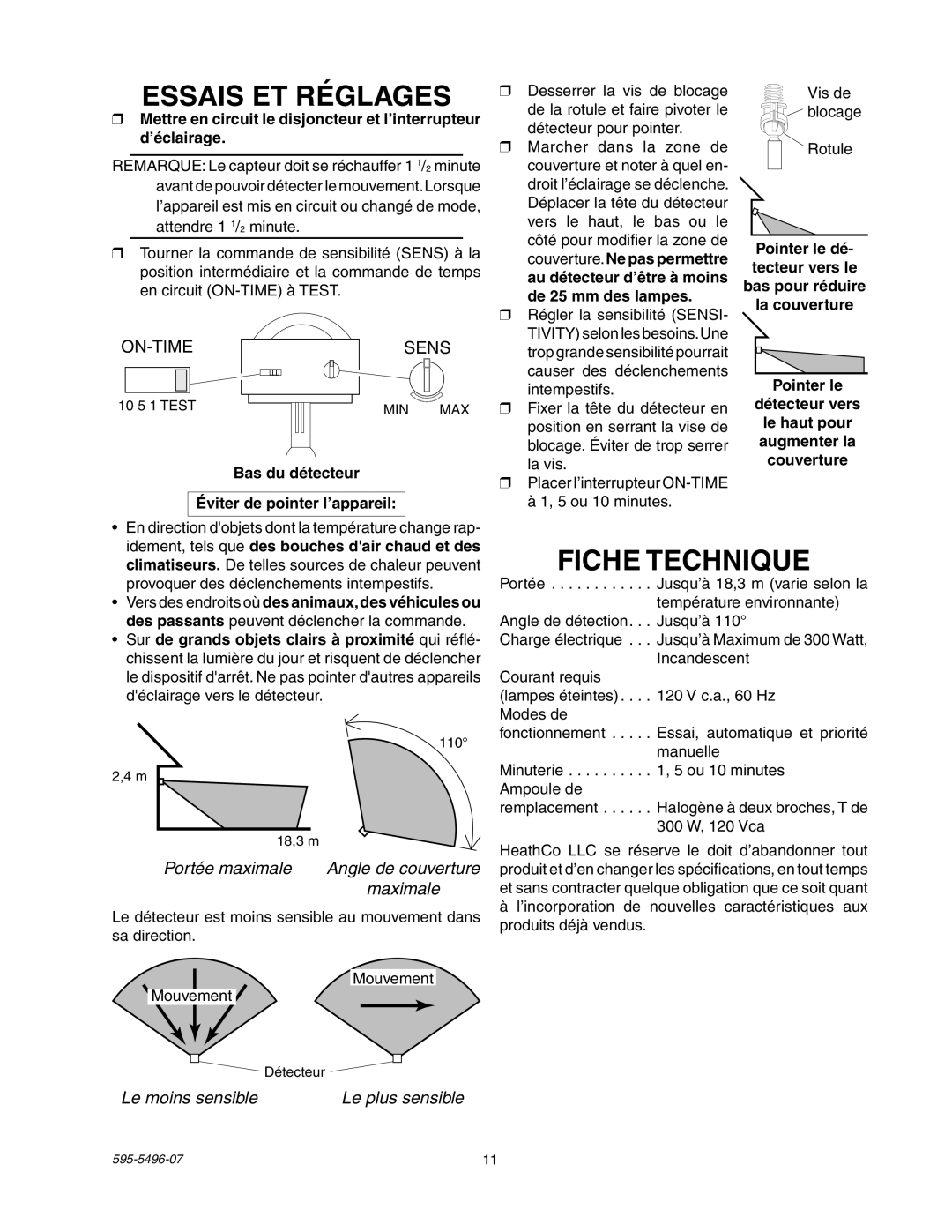 Heath Zenith SL-5309 manual Essais ET Réglages, Fiche Technique, Bas du détecteur Éviter de pointer l’appareil 