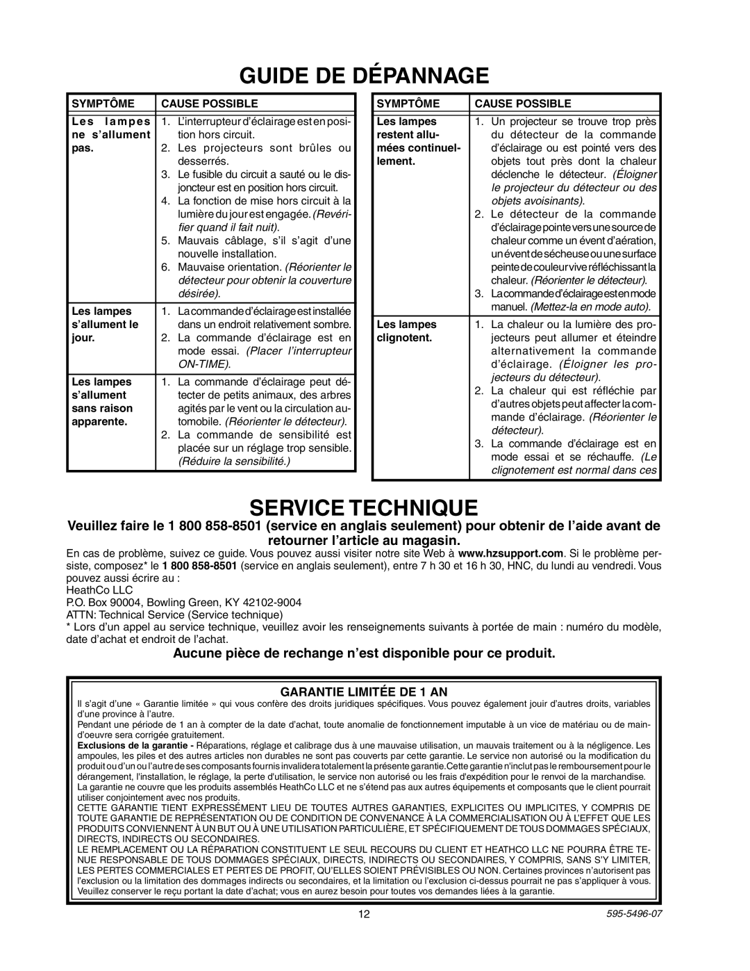 Heath Zenith SL-5309 manual Guide DE Dépannage, Service Technique, Garantie Limitée DE 1 AN, Symptôme Cause Possible 