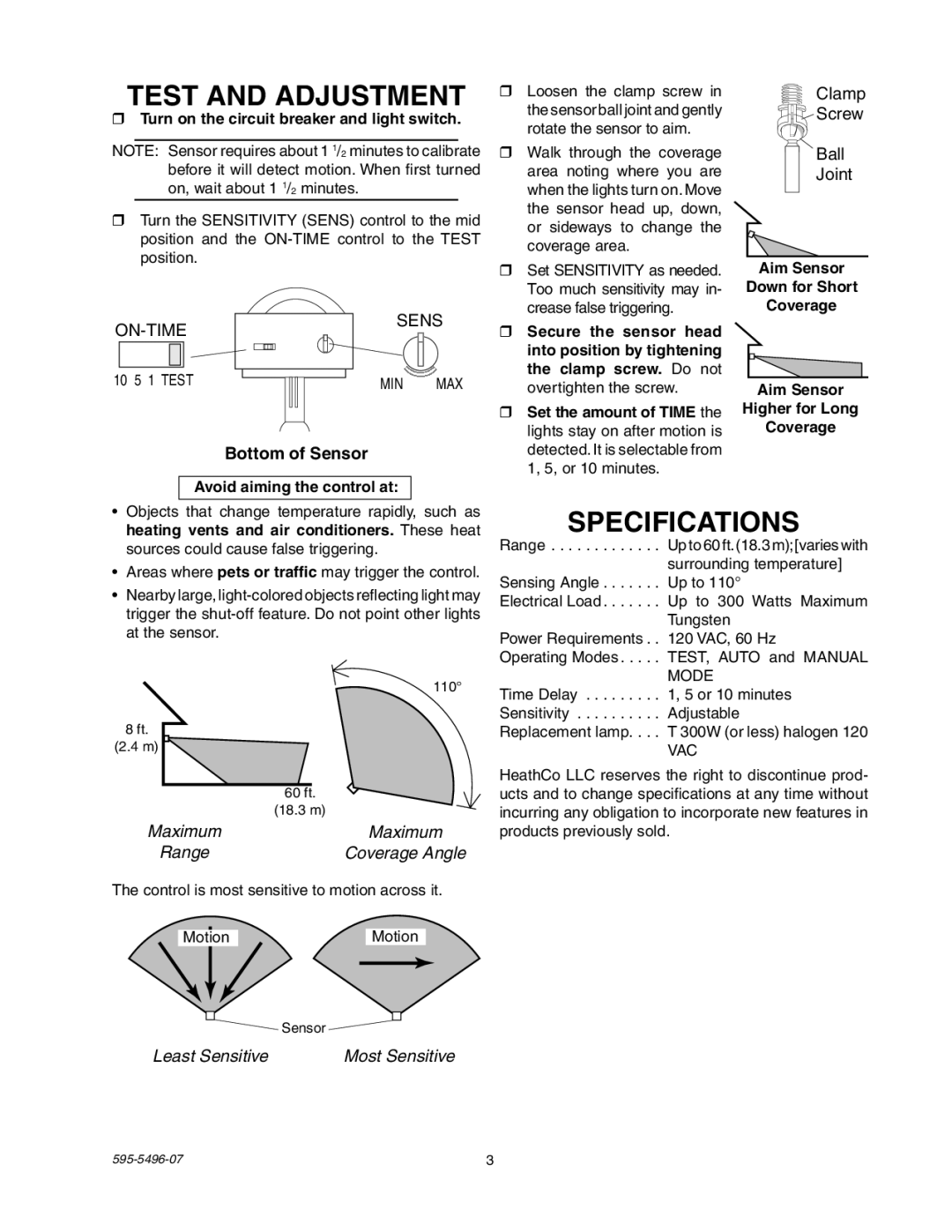 Heath Zenith SL-5309 manual Test and Adjustment, Specifications, Turn on the circuit breaker and light switch 