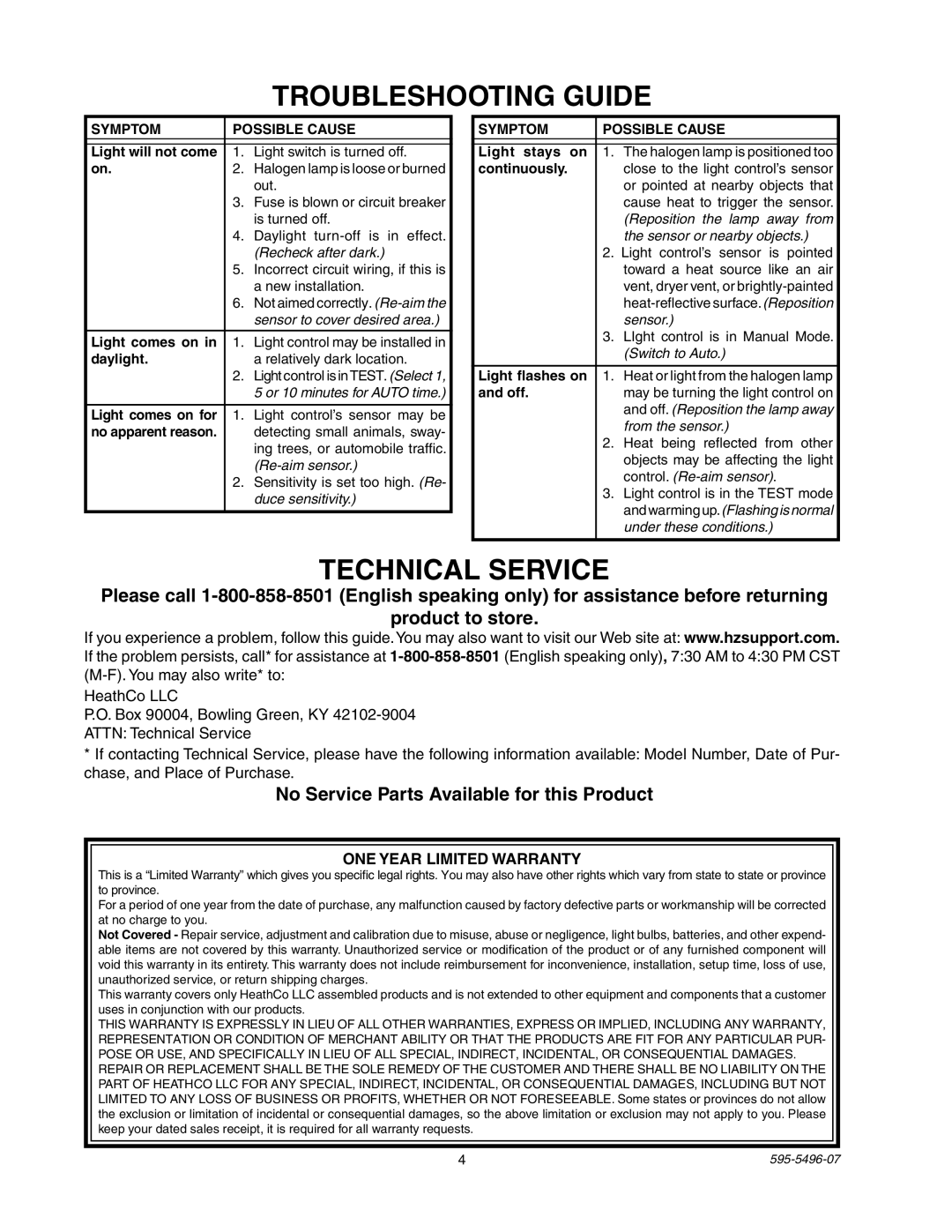 Heath Zenith SL-5309 manual Troubleshooting Guide, No Service Parts Available for this Product, ONE Year Limited Warranty 