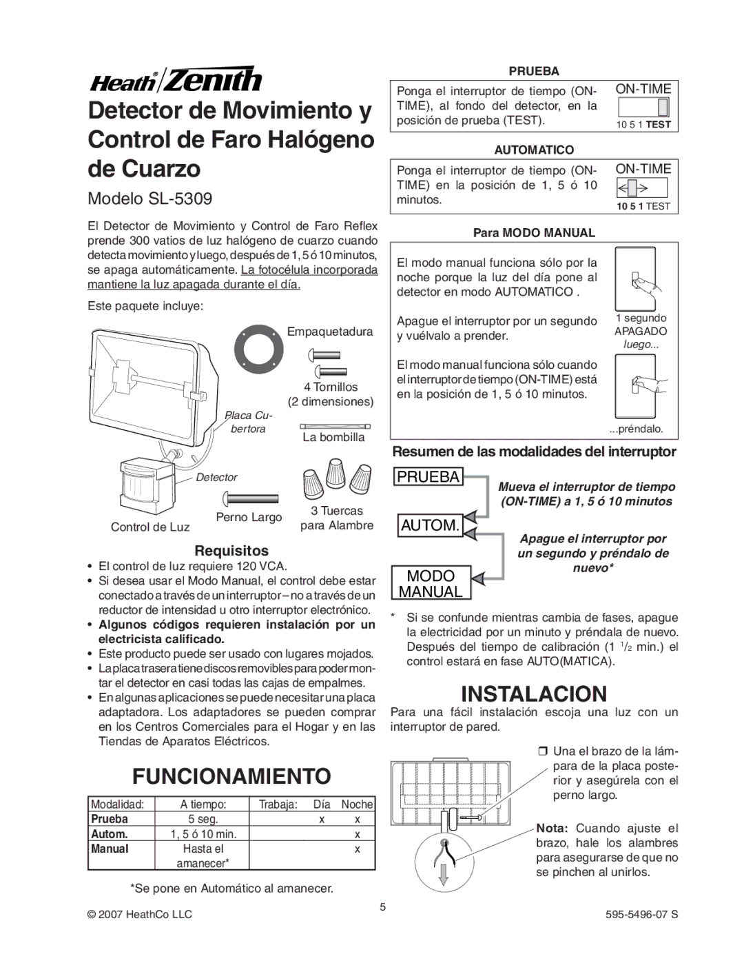 Heath Zenith manual Funcionamiento, Instalacion, Modelo SL-5309, Resumen de las modalidades del interruptor, Requisitos 