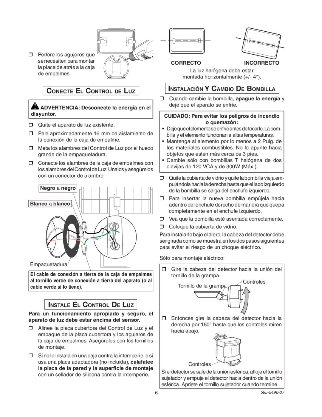 Heath Zenith SL-5309 manual Negro a negro, Blanco a blanco, Correctoincorrecto, Instalación Y Cambio De Bombilla 