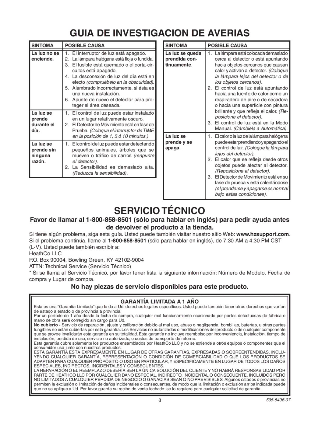 Heath Zenith SL-5309 Guia DE Investigacion DE Averias, Servicio Técnico, Garantía Limitada a 1 AÑO, Sintoma Posible Causa 