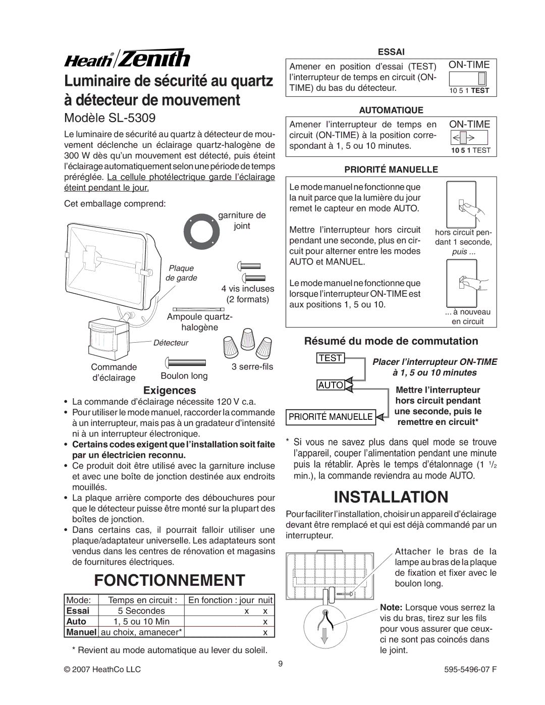 Heath Zenith manual Fonctionnement, Modèle SL-5309, Exigences, Résumé du mode de commutation 