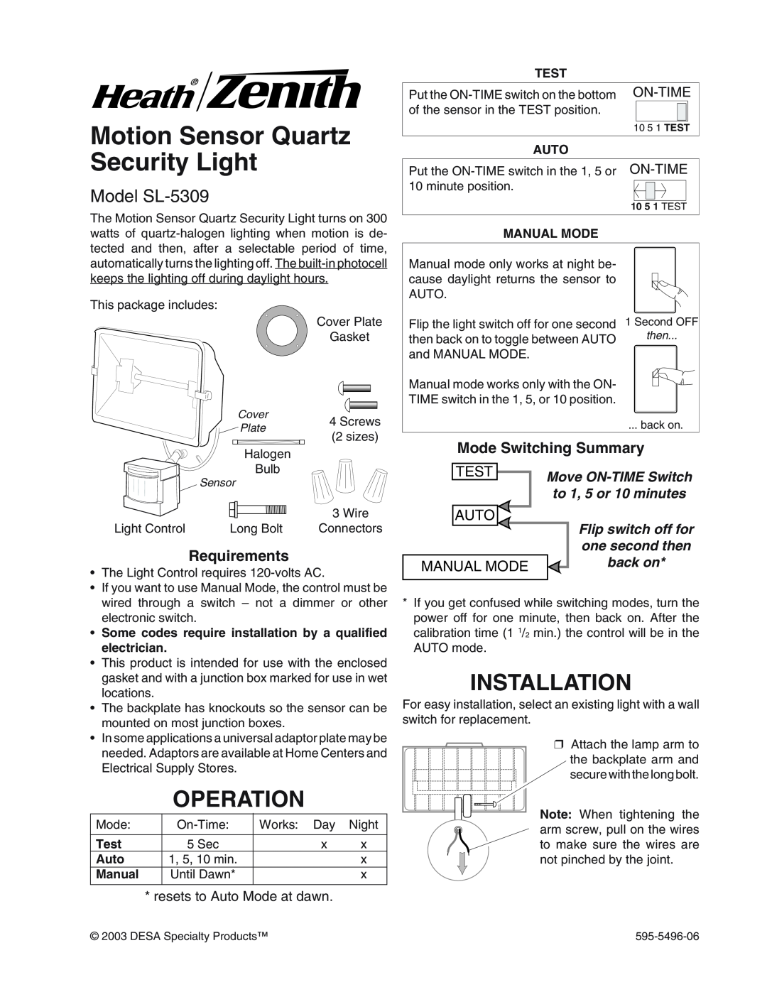 Heath Zenith manual Motion Sensor Quartz Security Light, Operation, Installation, Model SL-5309, Requirements, On-Time 