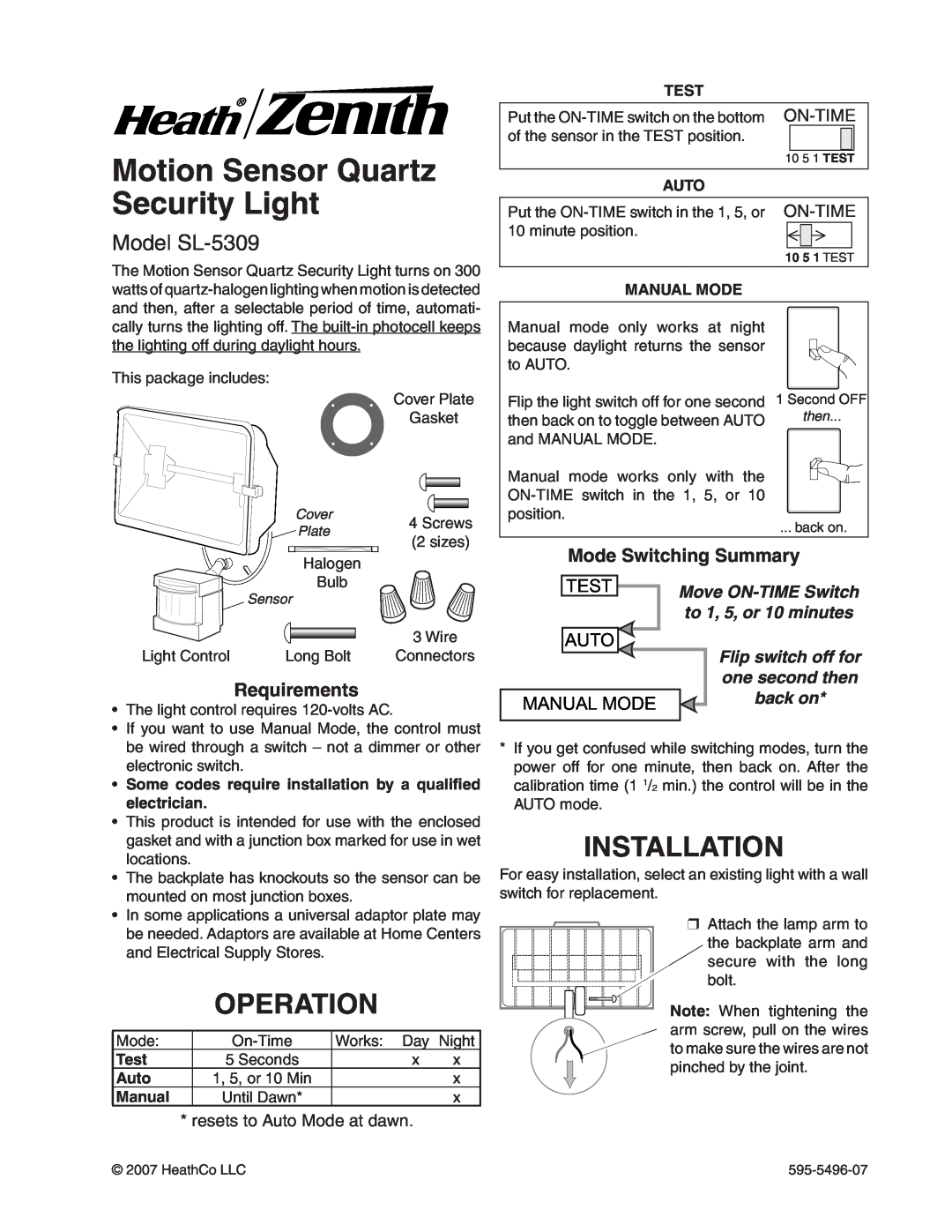 Heath Zenith manual Motion Sensor Quartz Security Light, Operation, Installation, Model SL-5309, On-Time, Test, Auto 