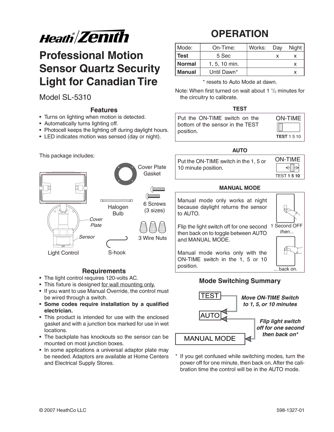 Heath Zenith manual Operation, Model SL-5310, Features, Requirements, Mode Switching Summary 