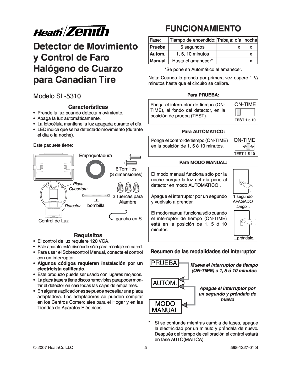 Heath Zenith Funcionamiento, Modelo SL-5310, Características, Requisitos, Resumen de las modalidades del interruptor 